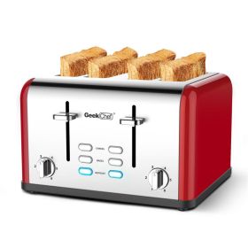 Stainless Steel Extra-Wide Slot Toaster with Dual Control Panels of Bagel/Defrost/Cancel Function; Silver-red