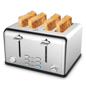 Toaster 4 slices, stainless steel extra-wide slot toaster, dual control panel with bagel/defrost/cancel function, 6 shade settings for baking bread