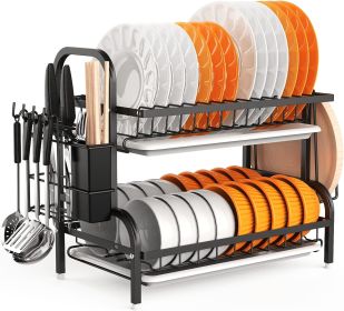 Dish Drying Rack, 2-Tier Dish Racks for Kitchen Counter, Sink Dish Drainer with Drainboard, Utensil Holder and Cutting Board Holder
