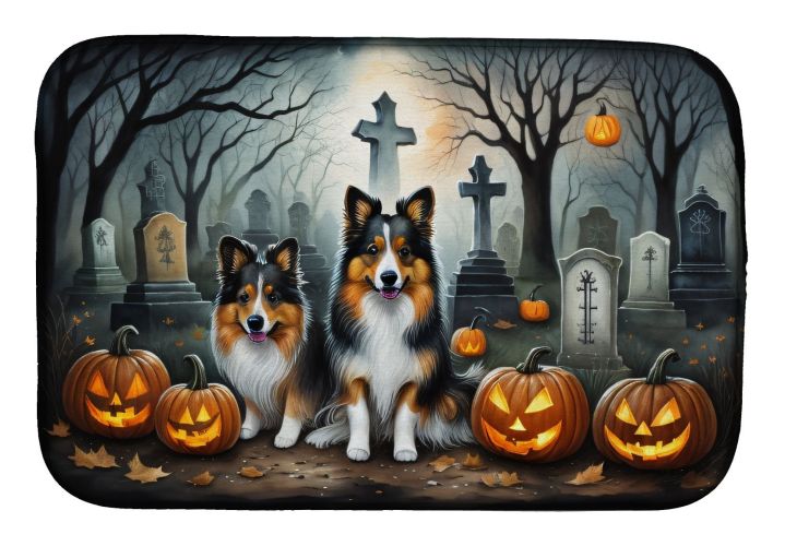 Sheltie Spooky Halloween Dish Drying Mat Absorbent Dish Drying Mat Pad for Kitchen Counter Dish Drainer Mat for Countertop, 14 x 21", Multicolor