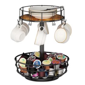 Carousel Coffee Pod Holder Basket, K Cup Organizer for Counter, Coffee Cup Organizer with 12 Mug Hooks, Mug Tree with Storage Basket, for Coffee Bar