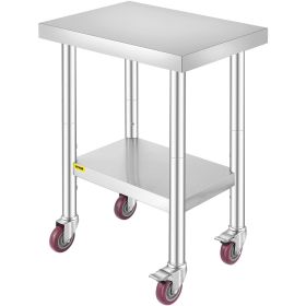 VEVOR 24x18x34 Inch Stainless Steel Work Table 3-Stage Adjustable Shelf with 4 Wheels Heavy Duty Commercial Food Prep Worktable with Brake for Kitchen