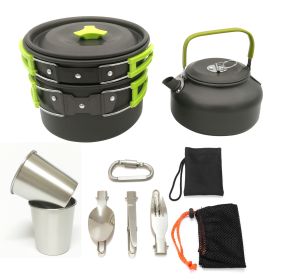 Outdoor set of pots and pans 2-3 people camping teapot cutlery set three sets of cookware (Color: VNJF-green)