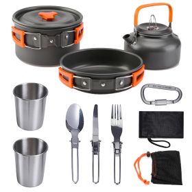 Outdoor set of pots and pans 2-3 people camping teapot cutlery set three sets of cookware (Color: VNJF-orange)