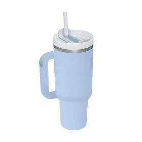 Mug Tumbler with Handle Insulated Tumbler with Lids Straw Stainless Steel Coffee Cups with Adjustable Strap Water Bottle Pouch (Color: Light blue cup)