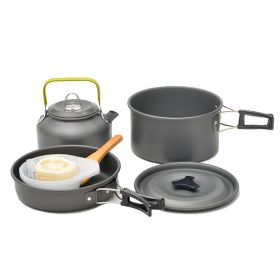 Outdoor portable 2-3 person camping stove cover pot picnic cooker non stick pot teapot combination set including tableware (Colour: Black)