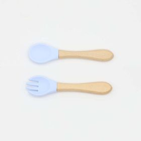 Baby Food Grade Wooden Handles Silicone Spoon Fork Cutlery (Size/Age: Average Size (0-8Y), Color: Light Blue)