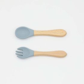 Baby Food Grade Wooden Handles Silicone Spoon Fork Cutlery (Size/Age: Average Size (0-8Y), Color: Blue)